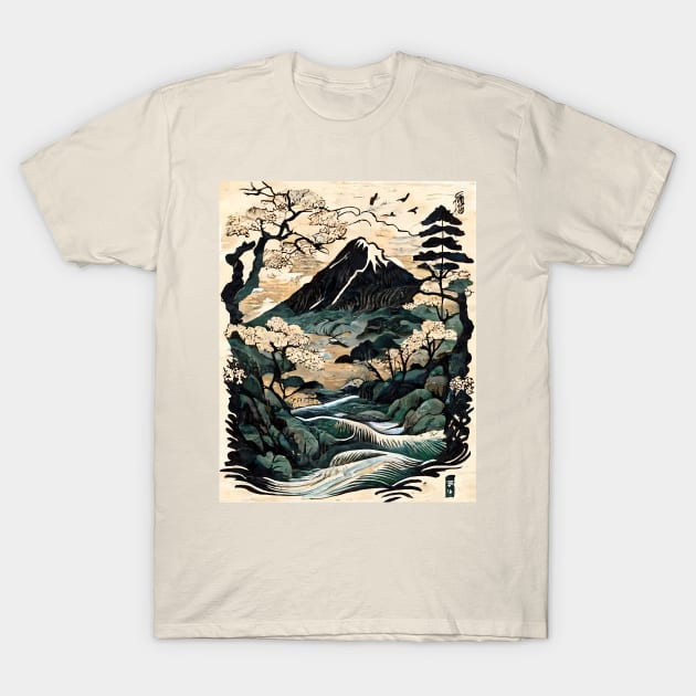 Traditional Japanese Mountain River Nature Scene T-Shirt by entwithanaxe